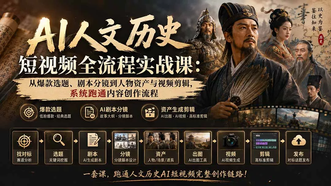 AI人文历史短视频全流程实战课：从爆款选题、剧本分镜到人物资产与视频剪辑，系统跑通内容创作流程_抖汇吧