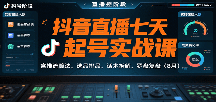 抖音直播七天起号实战课：含推流算法、选品排品、话术拆解、罗盘复盘（8月）_抖汇吧
