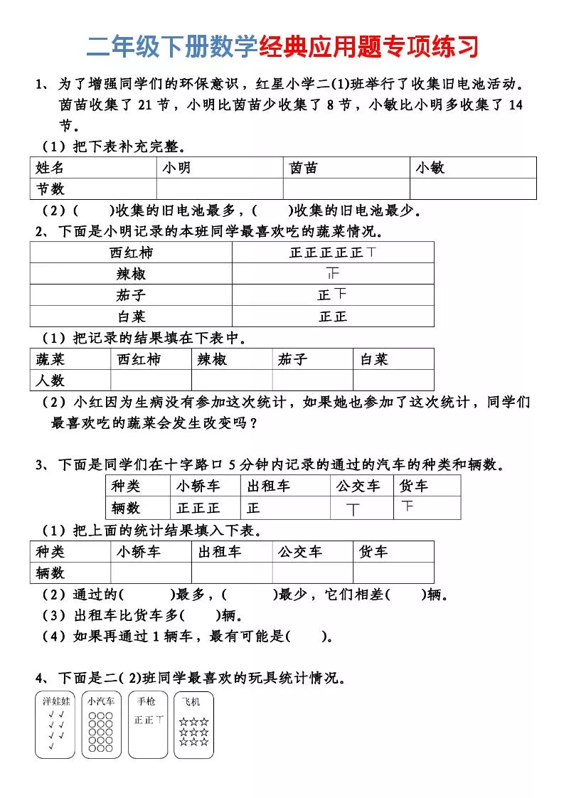 二年级下数学经典应用题专项练习