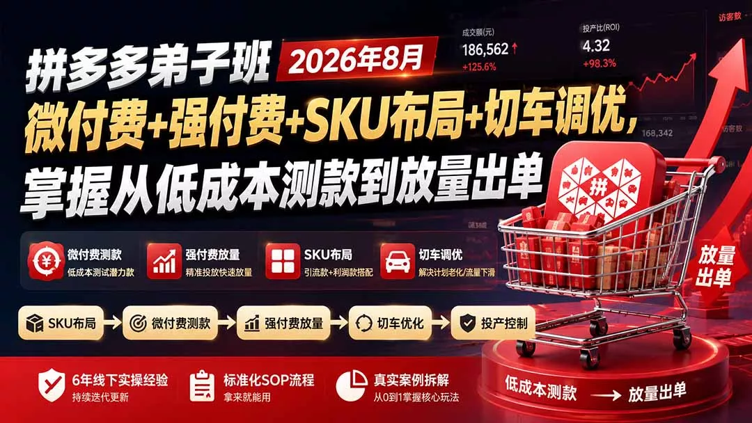 拼多多弟子班2026年8月:微付费+强付费+SKU布局+切车调优,掌握从低成本测款到放量出单_抖汇吧