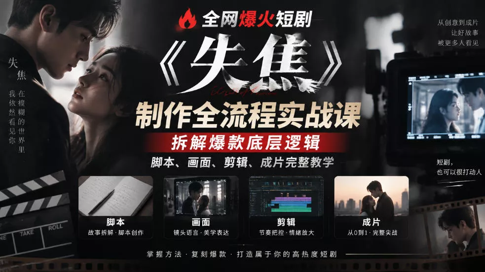 全网爆火短剧《失焦》制作全流程实战课｜拆解爆款底层逻辑，脚本、画面、剪辑、成片完整教学_抖汇吧