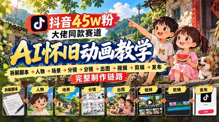 抖音45W粉大佬同款赛道AI怀旧动画实战课：拆解脚本→人物→场景→分镜→出图→视频→剪辑→发布完整制作链路_抖汇吧