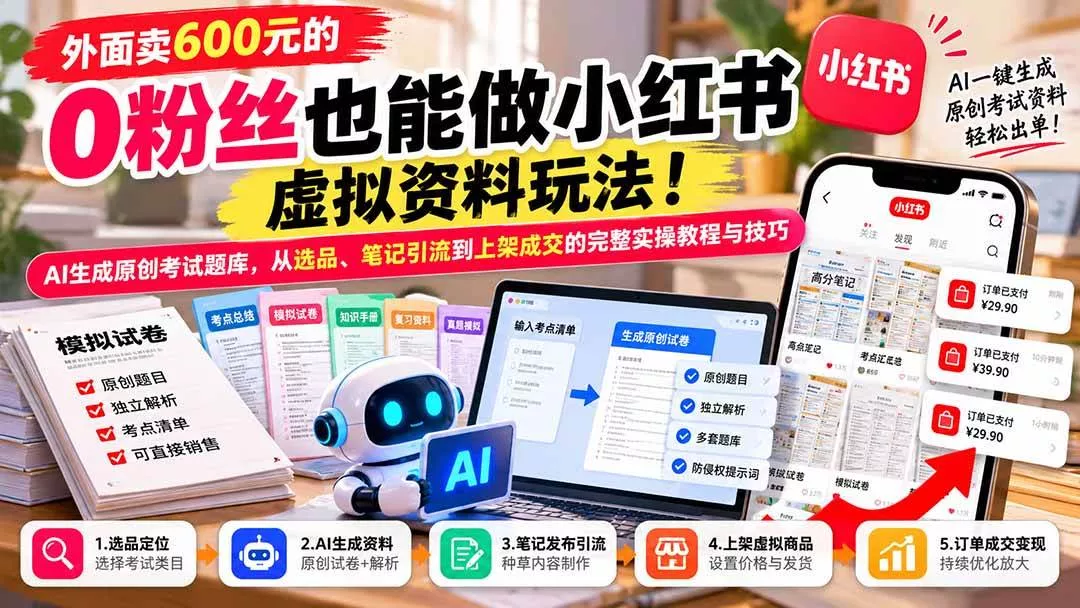 （21181期）外面卖600元的 零粉丝也能做小红书虚拟资料玩法！AI生成原创考试题库，从选品、笔记引流到上架成交的完整实操教程