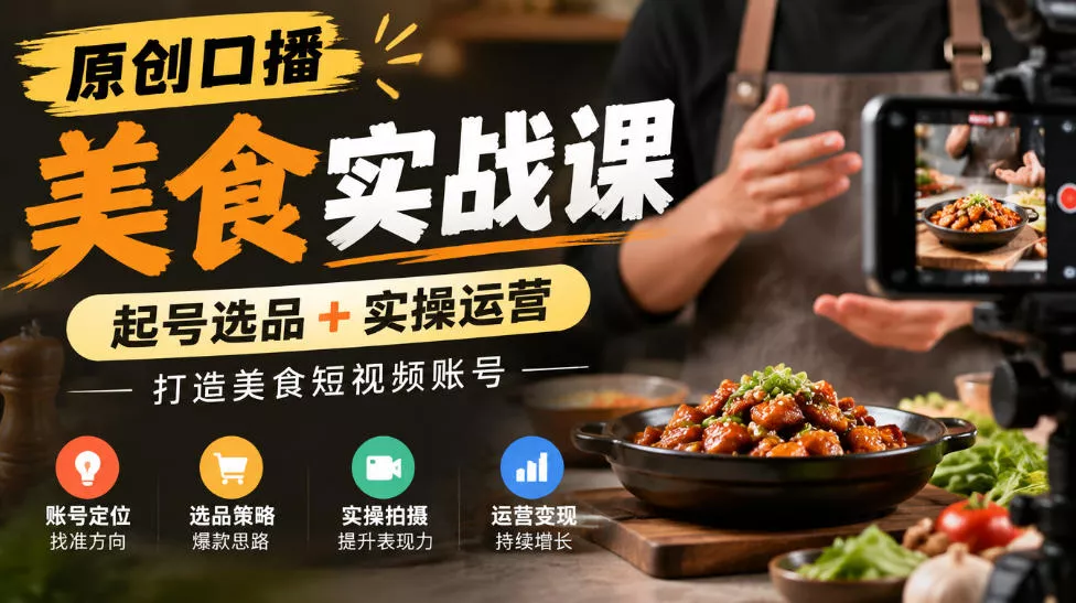 原创口播美食实战课，起号选品+实操运营，打造美食短视频账号_抖汇吧