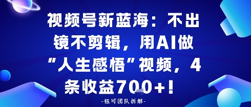 视频号新蓝海：不出镜不剪辑，用AI做“人生感悟”视频，4条收益7张_抖汇吧