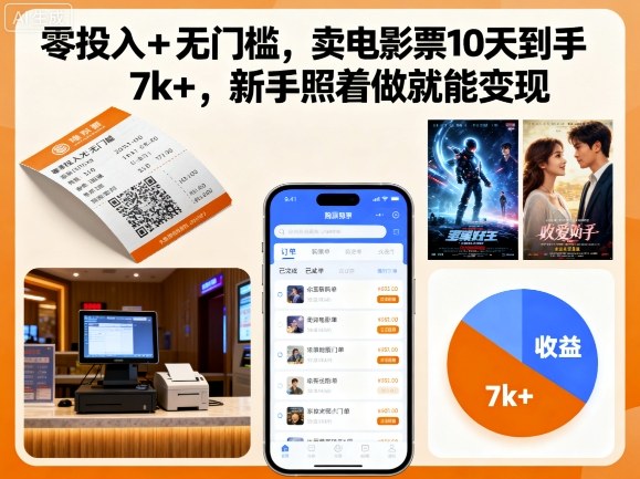 零投入+无门槛，卖电影票10天到手7k+，新手照着做就能变现【揭秘】_抖汇吧