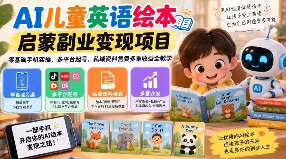 AI儿童英语绘本启蒙副业变现项目，零基础手机实操，多平台起号，私域资料售卖多重收益全教学_抖汇吧