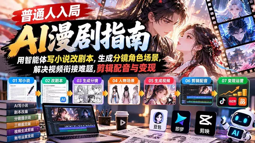 （21033期）【无水印】普通人入局AI漫剧指南：用智能体写小说改剧本，生成分镜角色场景，解决视频衔接难题，剪辑配音与变现_抖汇吧