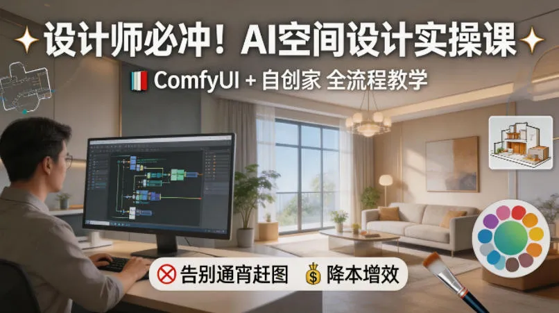 设计师必冲！AI空间设计实操课，ComfyUI+自创家全教学，告别通宵赶图，降本增效_抖汇吧