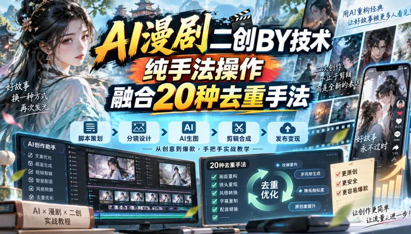 AI漫剧二创搬运技术，纯手法操作，融合20种去重手法_抖汇吧