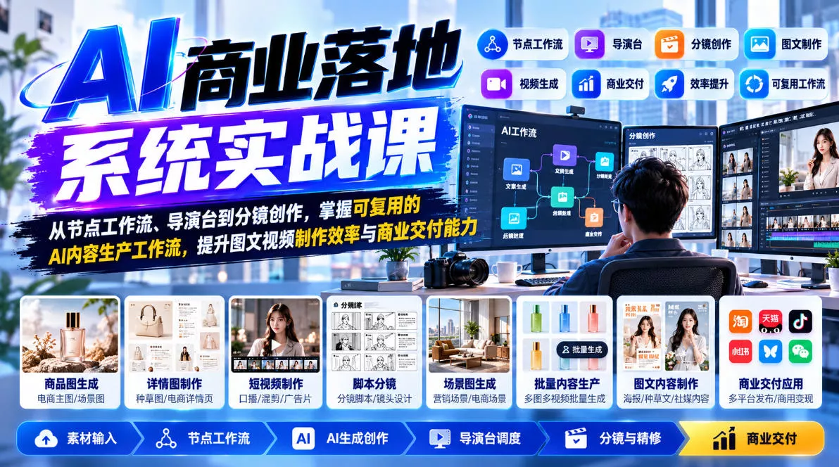 【无水印】AI商业落地系统实战课，从节点工作流、导演台到分镜创作，掌握可复用的AI内容生产工作流，提升图文视频制作效率与商业交付能力_抖汇吧