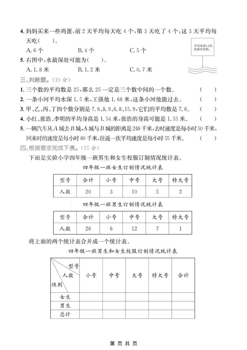 四年级上数学平均数专项检测卷《青岛54版》_抖汇吧