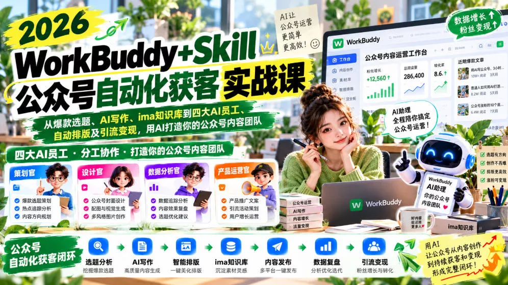 2026WorkBuddy+Skill公众号自动化获客实战课，从爆款选题、AI写作、ima知识库到四大AI员工、自动排版及引流变现，用AI打造你的公众号内容团队_抖汇吧
