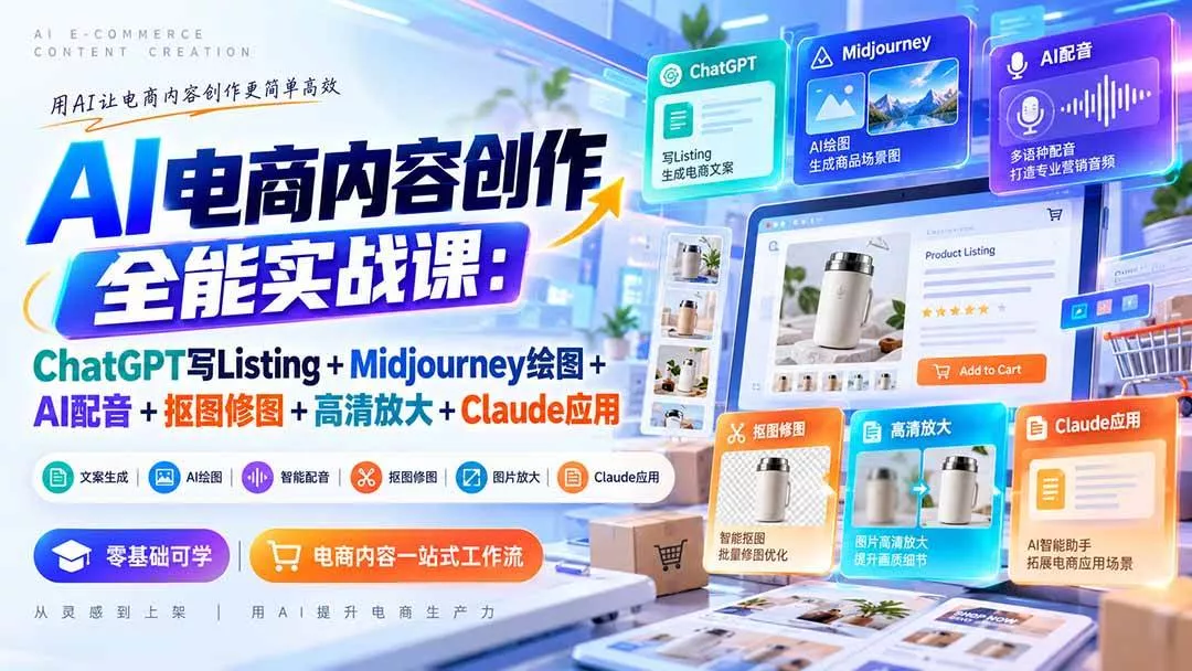 （20770期）【无水印】AI电商内容创作全能实战课：ChatGPT写Listing+Midjourney绘图+AI配音+抠图修图+高清放大+Claude应用_抖汇吧