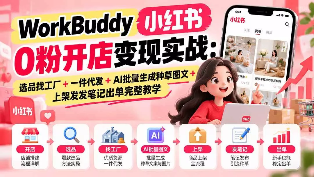（20801期）WorkBuddy小红书0粉开店变现实战：选品找工厂+一件代发+AI批量生成种草图文+上架发发笔记出单完整教学_抖汇吧