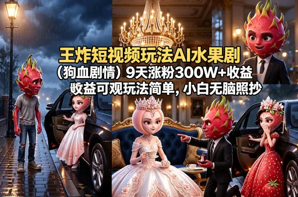 王炸短视频玩法AI水果剧(狗血剧情)9天涨粉300W+收益可观玩法简单，小白无脑照抄，详细拆解玩法_抖汇吧