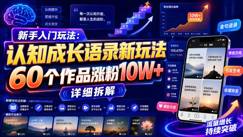 新手入门玩法：认知成长语录新玩法，60个作品涨粉10W+，详细拆解_抖汇吧