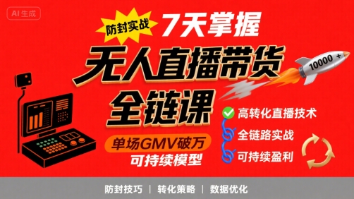 无人直播带货全链防封实战课，7天掌握高转化直播技术，实现单场GMV破万可持续模型_抖汇吧