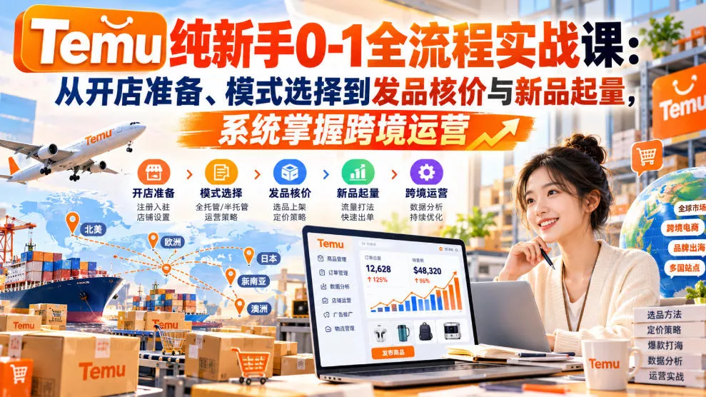 【无水印】Temu纯新手0-1全流程实战课:从开店准备、模式选择到发品核价与新品起量,系统掌握跨境运营_抖汇吧