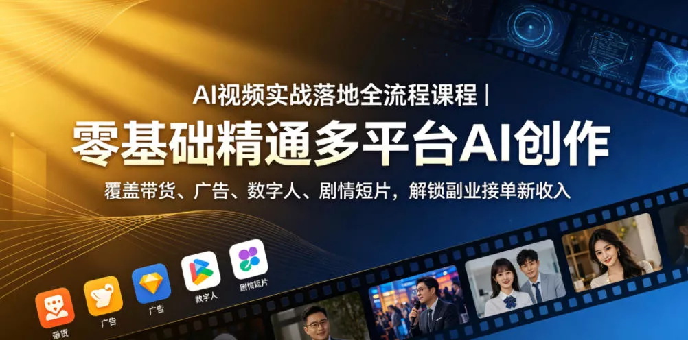 AI视频实战落地全流程课程｜零基础精通多平台AI创作，覆盖带货、广告、数字人、剧情短片，解锁副业接单新收入_抖汇吧