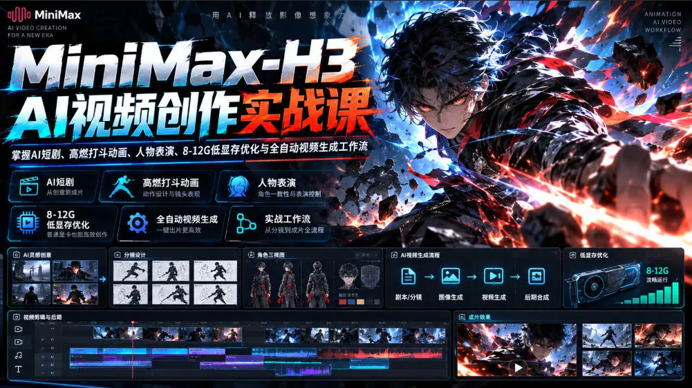 MiniMax-H3 AI视频创作实战课,掌握AI短剧、高燃打斗动画、人物表演、8-12G低显存优化与全自动视频生成工作流 MiniMax-H3 AI视频创作实战课,掌握AI短剧、高燃打斗动画、人物表演、8-12G低显存优化与全自动视频生成工作流