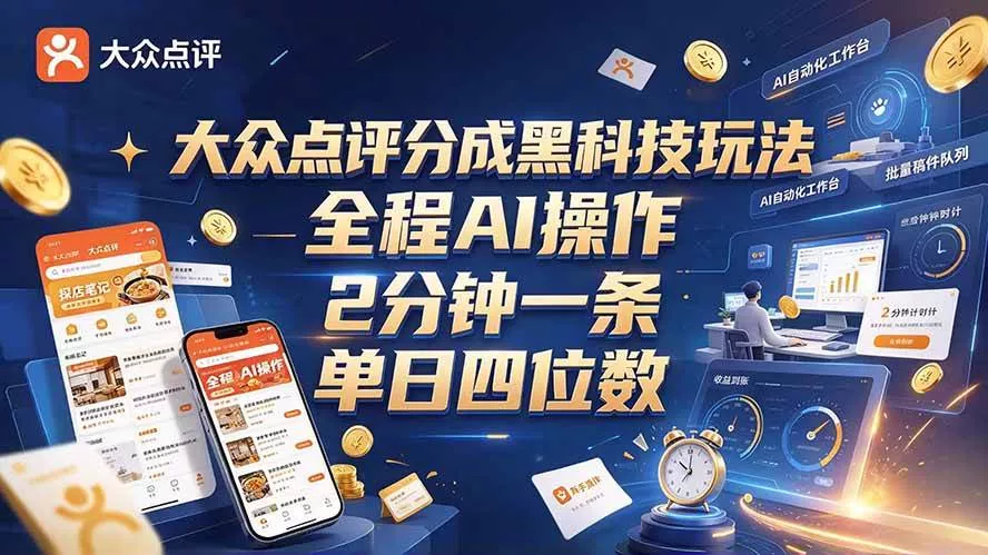 （21013期）大众点评分成全网独家玩法，AI 全自动出内容，2 分钟一条，小白可冲单日四位数_抖汇吧