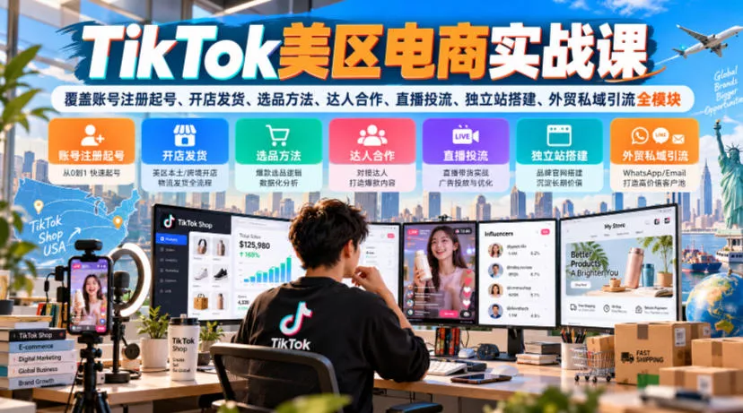TikTok美区电商实战课，覆盖账号注册起号、开店发货、选品方法、达人合作、直播投流、独立站搭建、外贸私域引流全模块_抖汇吧