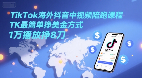 TikTok海外抖音中视频陪跑课程，TK最简单挣美金方式，1万播放挣8刀_抖汇吧