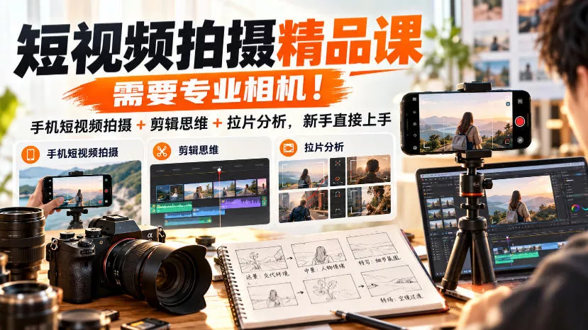 短视频拍摄精品课，需要专业相机！手机短视频拍摄+剪辑思维+拉片分析，新手直接上手_抖汇吧