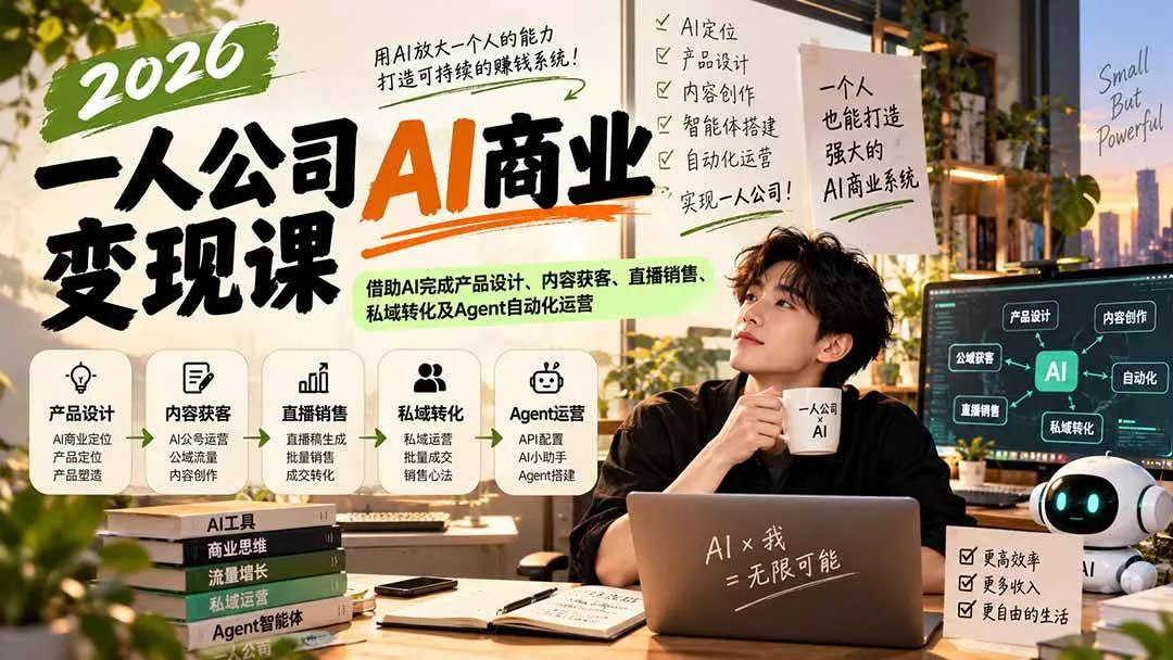 （20901期）2026一人公司AI商业变现课：借助AI完成产品设计、内容获客、直播销售、私域转化及Agent自动化运营_抖汇吧