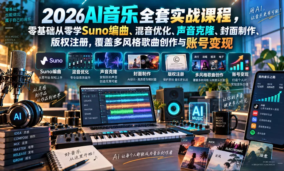2026AI音乐实战课程,零基础从零学Suno编曲、混音优化、声音克隆、版权注册,覆盖多风格歌曲创作与账号变现(更新0924)_抖汇吧