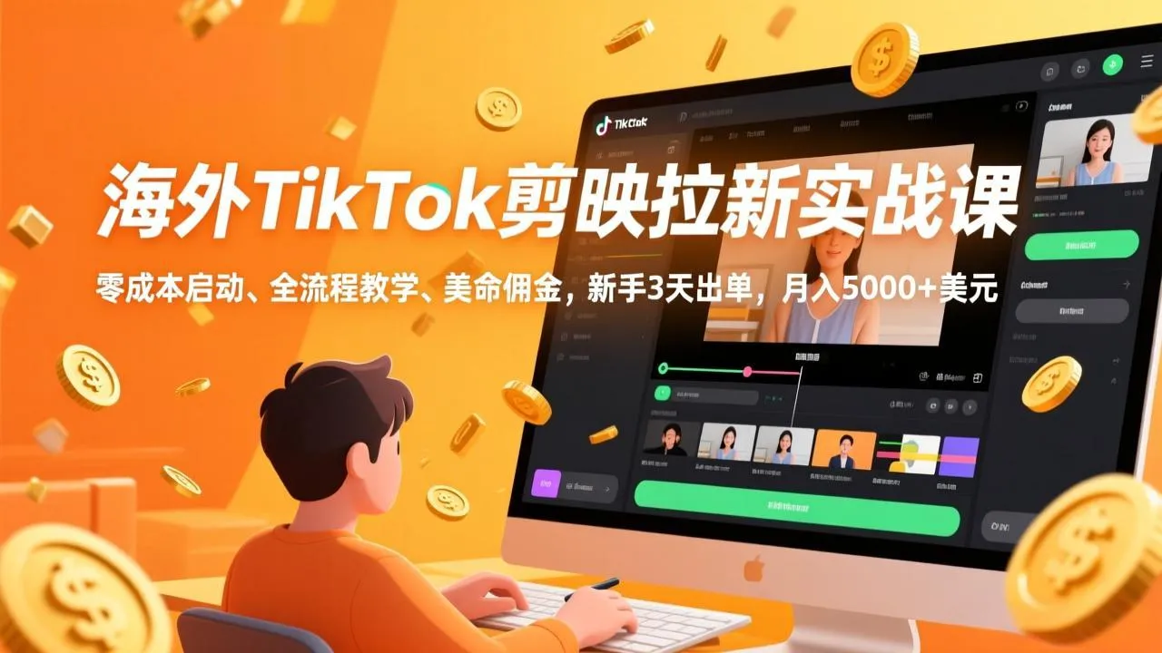 海外TikTok剪映拉新实战课，零成本启动、全流程教学、美金佣金，新手3天出单，月入5000+美元_抖汇吧