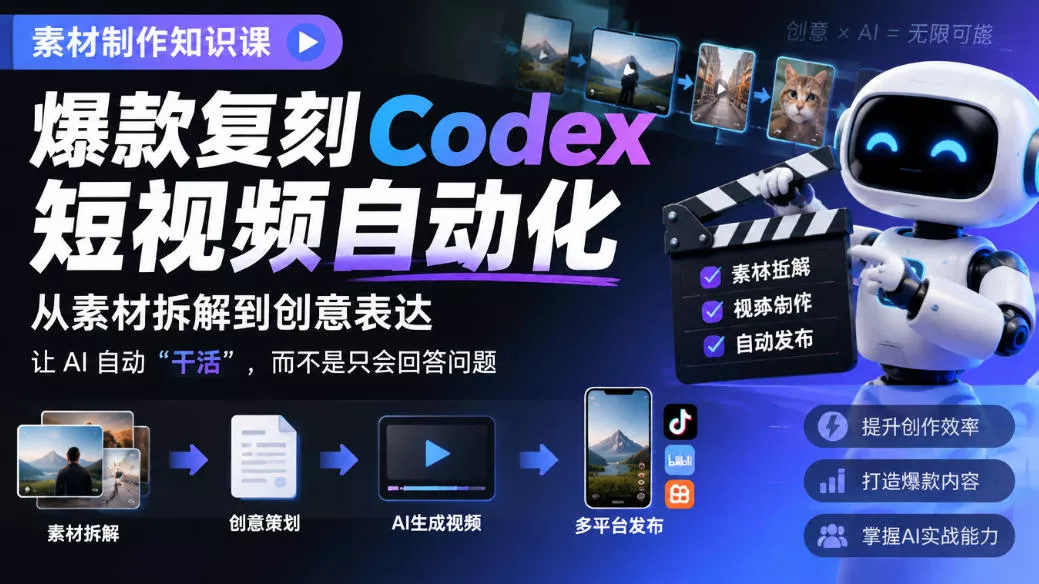 素材制作知识课,爆款复刻Codex短视频自动化,从素材拆解到创意表达,让AI自动“干活”,而不是只会回答问题 素材制作知识课,爆款复刻Codex短视频自动化,从素材拆解到创意表达,让AI自动“干活”,而不是只会回答问题