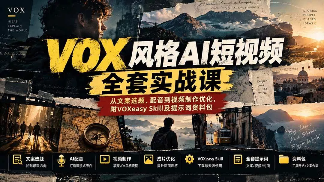 (20677期)【无水印】VOX风格AI短视频全套实战课:从文案选题、配音到视频制作优化,附VOXeasy Skill及提示词资料包 (20677期)【无水印】VOX风格AI短视频全套实战课:从文案选题、配音到视频制作优化,附VOXeasy Skill及提示词资料包