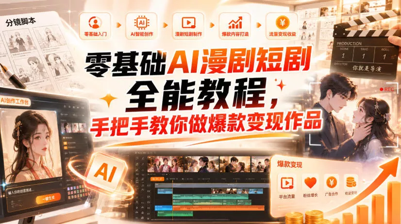 零基础AI漫剧短剧全能教程，从AI智能体搭建、文案脚本分镜、多平台AI生视频、剪映精修，覆盖全题材创作，手把手教你做爆款变现作品_抖汇吧