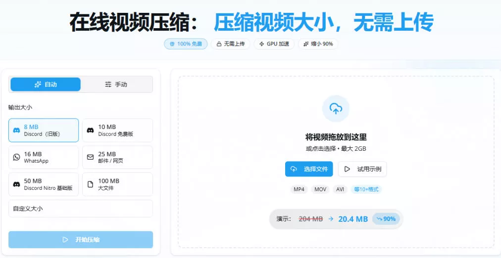 100%免费的在线视频压缩工具，GPU加速！视频压缩，无需上传，隐私保护，超级便捷Videocompressors