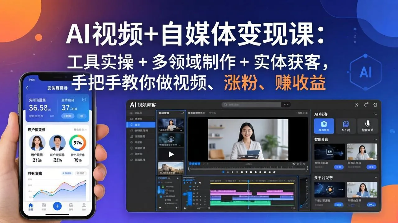 AI视频+自媒体变现课：工具实操 + 多领域制作 + 实体获客，手把手教你做视频、涨粉、赚收益_抖汇吧