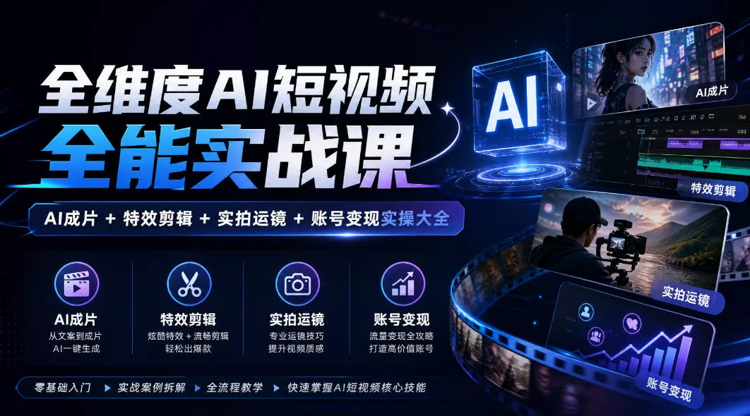 全维度AI短视频全能实战课，AI成片+特效剪辑+实拍运镜+账号变现实操大全_抖汇吧