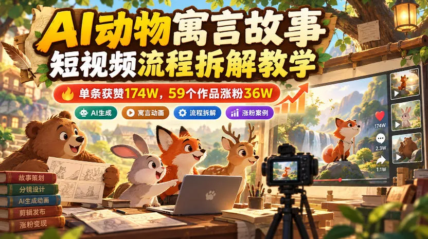 AI动物寓言故事短视频流程拆解教学，单条获赞174W，59个作品涨粉36W_抖汇吧