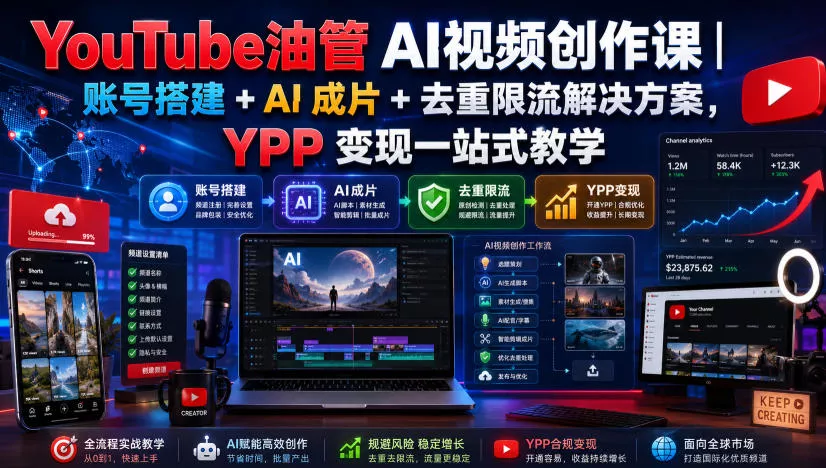 YouTube油管AI视频创作课｜账号搭建+AI成片+去重限流解决方案，YPP变现一站式教学（更新0925）_抖汇吧