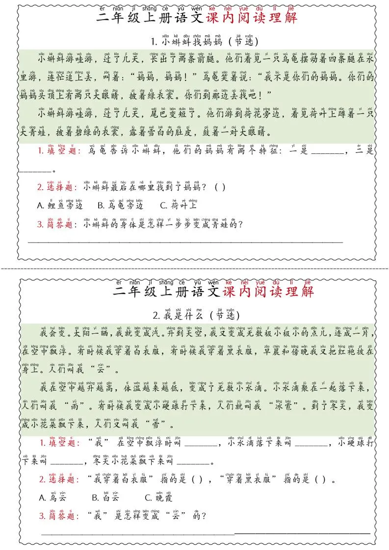 二年级上语文期末《课内阅读理解》专项练习