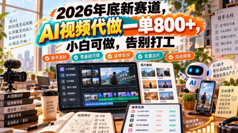 2026年底新赛道，AI视频代做一单800+，小白可做，告别打工_抖汇吧
