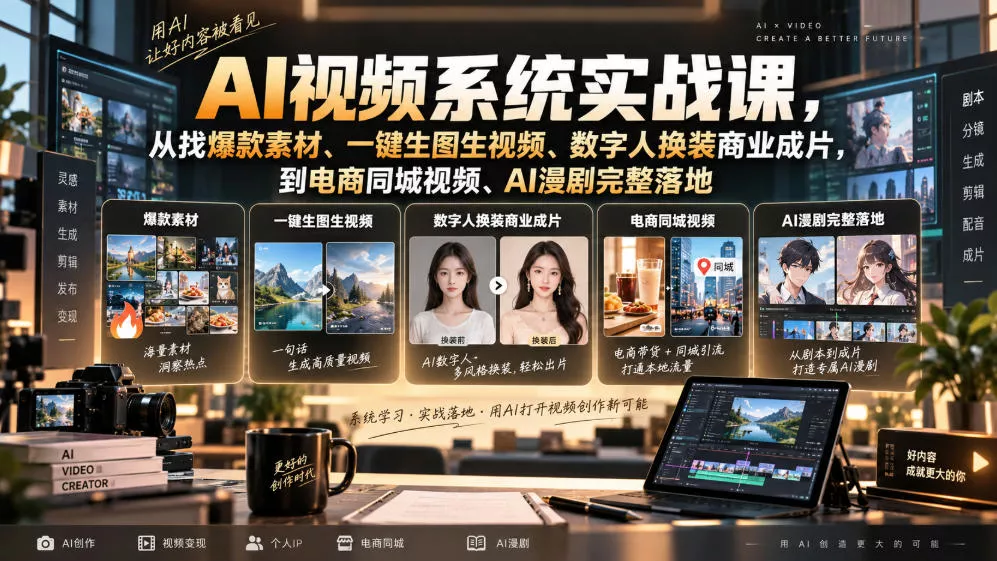 AI视频系统实战课，从找爆款素材、一键生图生视频、数字人换装商业成片，到电商同城视频、AI漫剧完整落地_抖汇吧