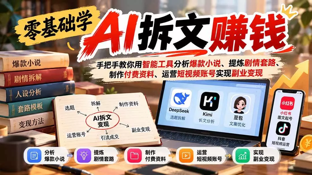 （21030期）零基础学AI拆文赚钱：手把手教你用智能工具分析爆款小说、提炼剧情套路、制作付费资料、运营短视频账号实现副业变现_抖汇吧