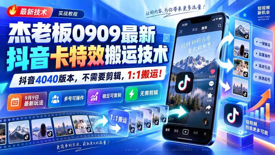 （20369期）杰老板0909最新抖音卡特效搬运技术，抖音4040版本，不需要剪辑，1:1搬运！