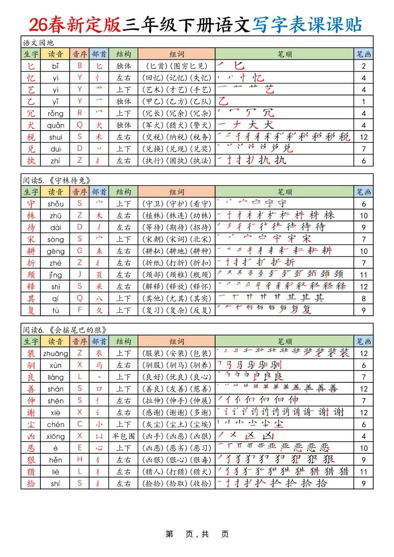 三年级下语文26春【写字表课课贴】_抖汇吧
