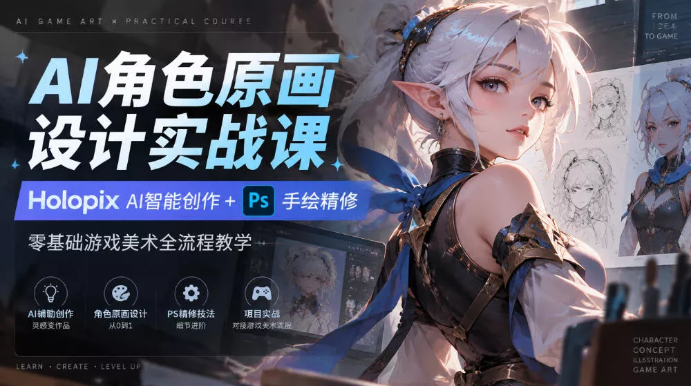 AI角色原画设计实战课｜Holopix AI智能创作+PS手绘精修，零基础游戏美术全流程教学_抖汇吧