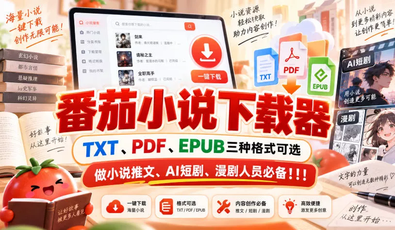 番茄小说下载器，TXT、PDF、EPUB三种格式可选，做小说推文、AI短剧、漫剧人员必备！！！_抖汇吧