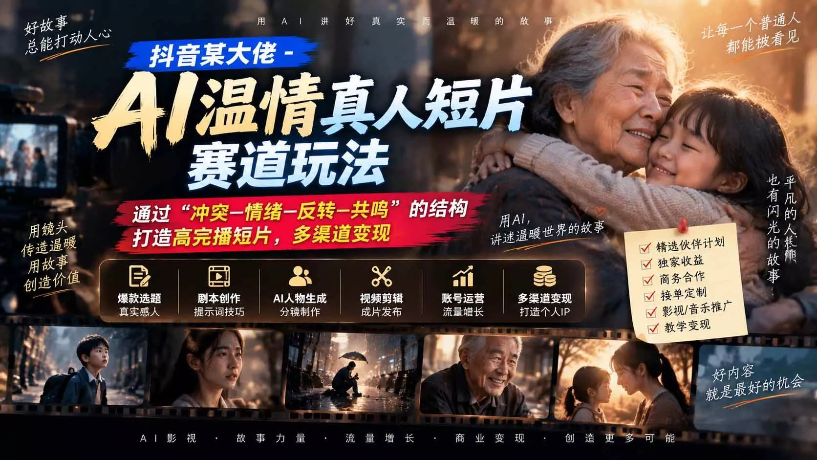 （20538期）抖音某大佬-AI温情真人短片赛道玩法：通过“冲突—情绪—反转—共鸣”的结构打造高完播短片，多渠道变现_抖汇吧