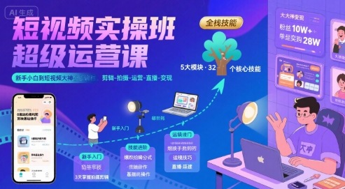 短视频实操班超级运营课，新手小白到短视频大神必修课程，剪辑-拍摄-运营-直播-变现_抖汇吧